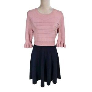 TED BACKER Women Fit & Flare Dress Size 4 Black Pink Knit 3/4 Bell Sleeve 105A